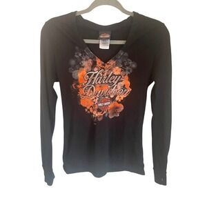 Harley‎ Davidson Womens Black Floral Biker Tee V Neck Long Sleeve Size Small